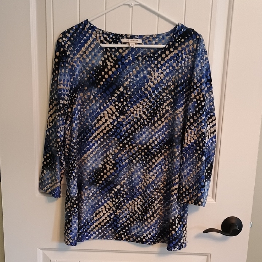 Woman's JM Collection Navy and Cream Dotted Blouse-Size Large, 3/4 Sleeve